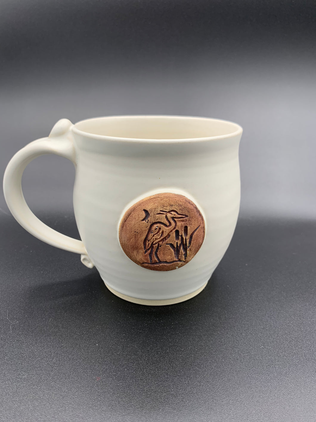 Latte/soup mug - fishing during a crescent moon, blue heron and bullrushes.